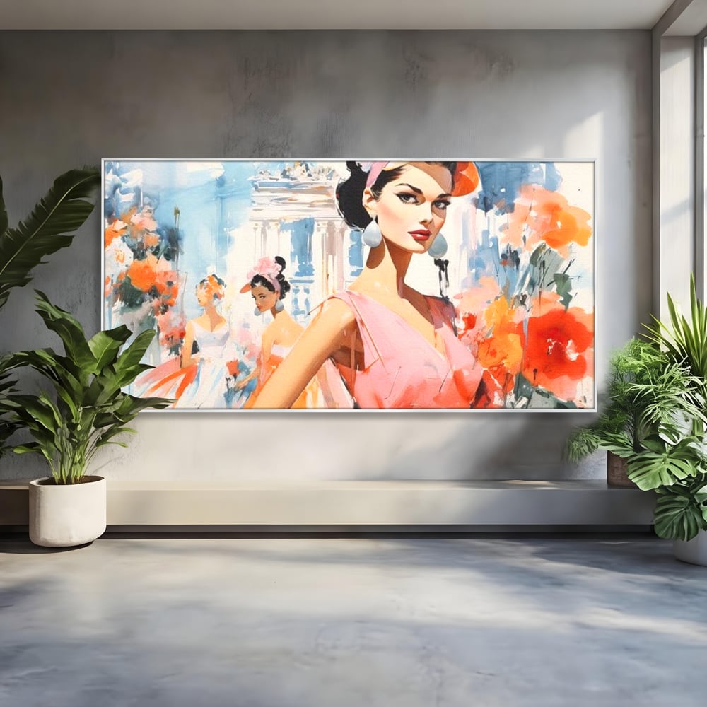 Tablou canvas cu tablou canvas cu femei la moda retro, in rama de aluminiu argintiu